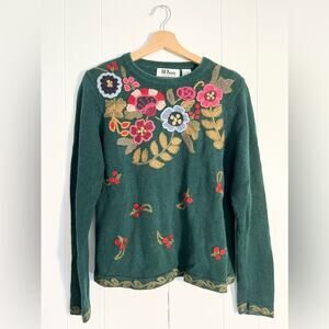 Vintage embroidered sweater floral folk forest green knit pullover winter fall